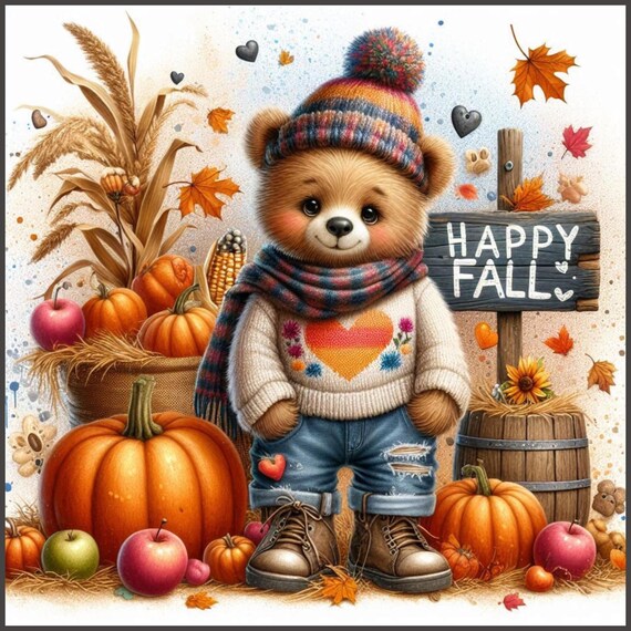 Happy Fall Bear Wreath Sign: Pumpkin Harvest Door Hanger, Cozy Autumn Bear