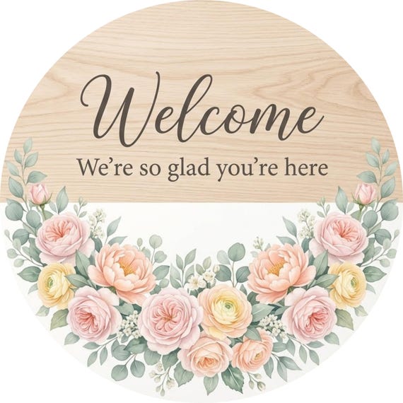 Floral Welcome Sign: We're So Glad You're Here Door Hanger, Farmhouse Wreath Sign