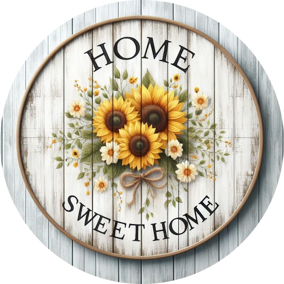 Home Sweet Home Wreath Sign: Rustic Sunflower Bouquet, Farmhouse Front Door Decor