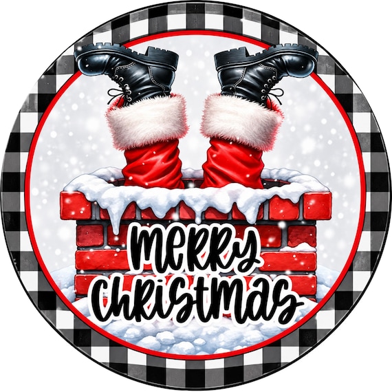Merry Christmas Wreath Sign, Santa in Chimney, Funny Christmas, Buffalo Plaid, Christmas Wreath Attachment
