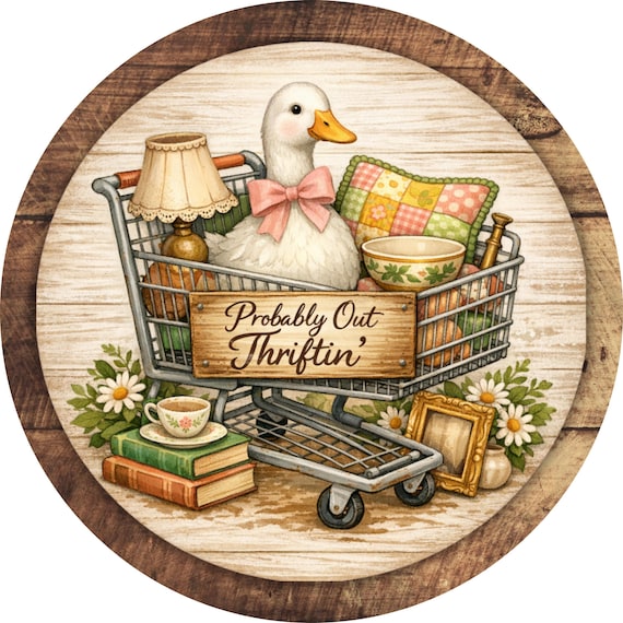 Probably Out Thriftin Sign: Vintage Duck Wreath Insert, Farmhouse Decor