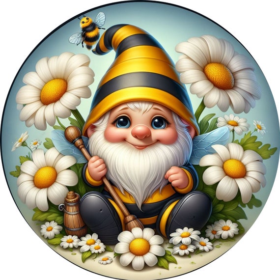Bumble Bee Gnome Daisy Wreath Sign: Summer Garden Decor