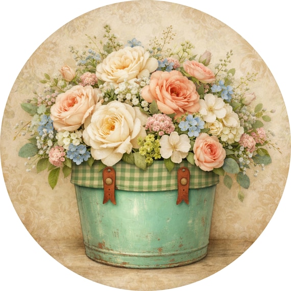 Vintage Floral Bucket Sign: Cottage Garden Wreath Attachment, Soft Spring Decor