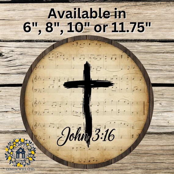 John 3 16 Cross Wreath Sign: Christian Faith Decor, Vintage Scripture Music Sheet Design