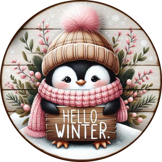 Penguin Winter Wreath Sign: Cozy Penguin, Frosted Greenery, Seasonal Decor