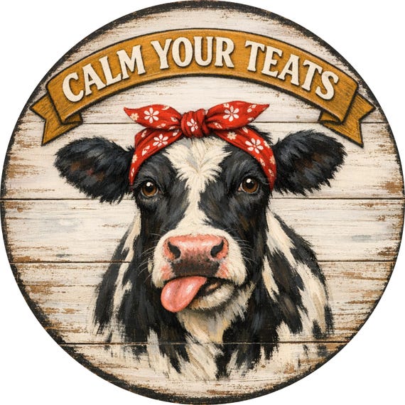 Calm Your Teats Wreath Sign: Funny Cow, Farmhouse Door Decor