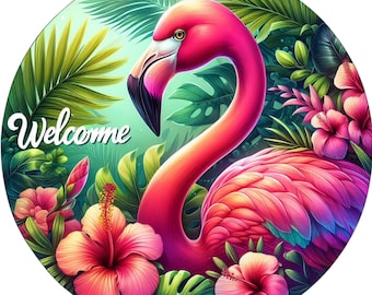 Welcome Flamingo Wreath Sign: Tropical Summer Door Decor