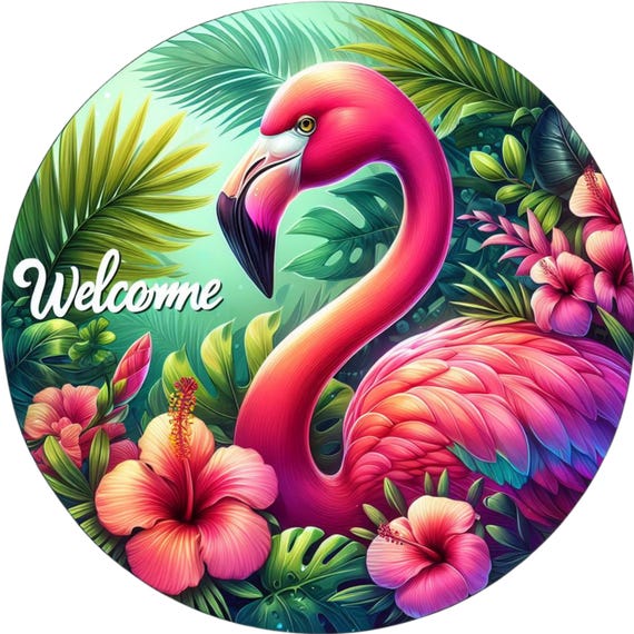 Welcome Flamingo Wreath Sign: Tropical Summer Door Decor