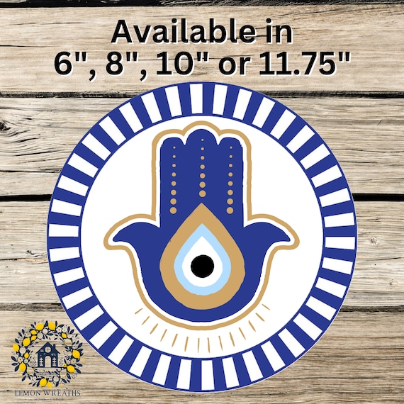 Hamsa Hand Wreath Sign: Blue Evil Eye Protection, Boho Spiritual Home Decor
