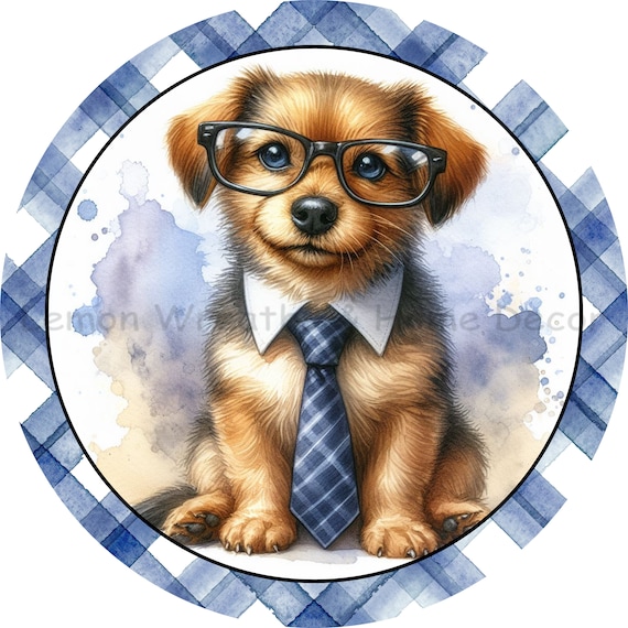 Blue Plaid Puppy with Glasses Metal Sign: Wreath or Home Decor
