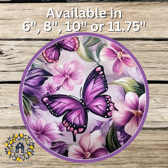 Purple Butterfly Sign: Floral Round Door Hanger