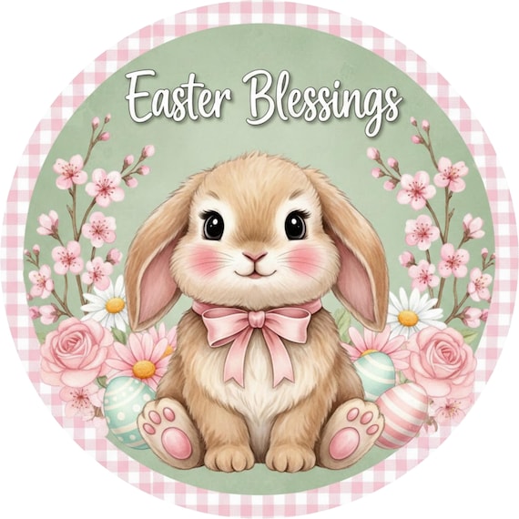 Easter Blessings Wreath Sign: Bunny Rabbit, Pastel Spring Christian Easter Decor