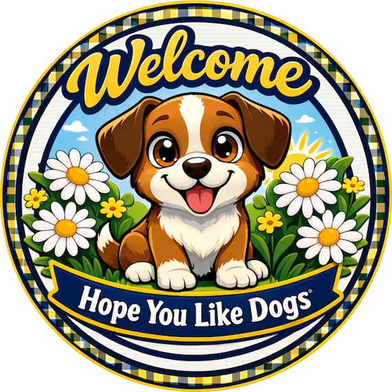 Welcome Dog Sign: Cartoon Puppy Daisies Door Hanger Decor