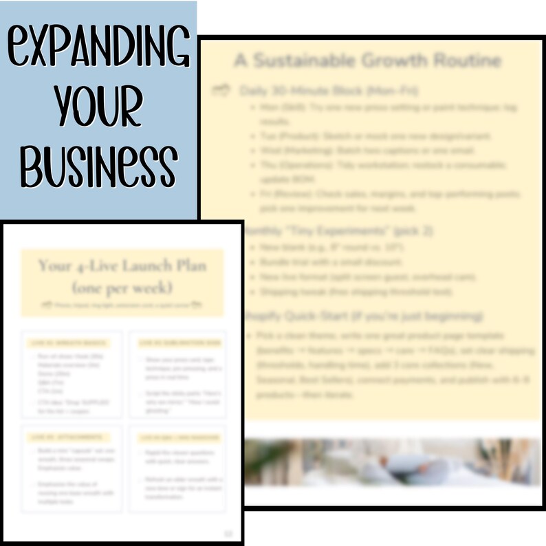May include: Image with the text "EXPANDING YOUR BUSINESS" in black script on a light blue background. Below are two pages of text with business growth strategies and a weekly launch plan.