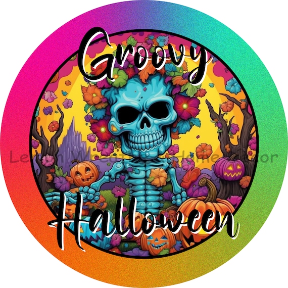 Groovy Halloween Metal Sign: Tie Dye Skeleton Wreath Decor