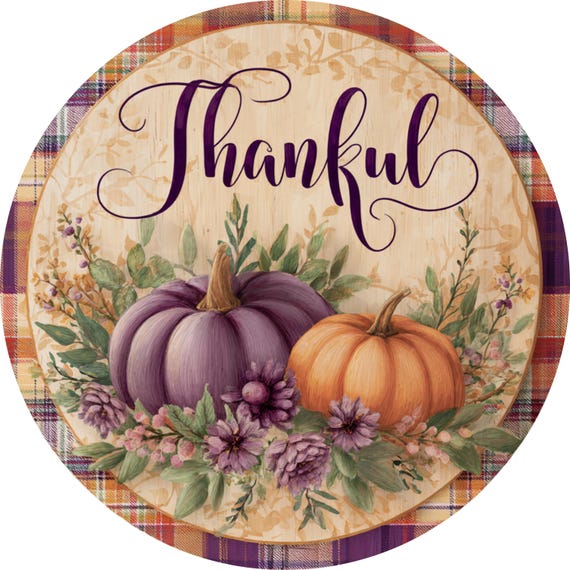 Thankful Fall Pumpkin Wreath Sign, Purple Orange Autumn Decor, Plaid Harvest Door Sign, Farmhouse Floral Accent