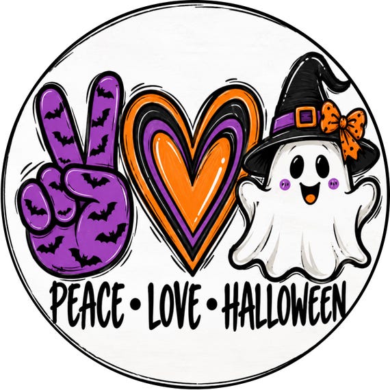 Peace Love Halloween Wreath Sign, Cute Ghost Witch Decor, Purple Orange Round Spooky Door Sign