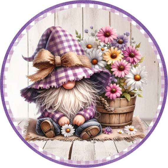 Spring Gnome Wreath Sign: Purple Daisy Cottage Farmhouse Door Decor