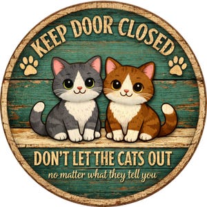 May include: A round wooden sign with a teal background and a brown border. The sign features two cartoon cats and the text "KEEP DOOR CLOSED" and "DON'T LET THE CATS OUT". Paw prints are also included in the design.