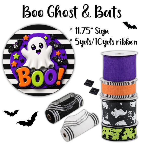 Boo Ghost & Bats Wreath Kit: Halloween Sign, Spooky Door Decor, Ghost Ribbon Kit, Fall Wreath Kit