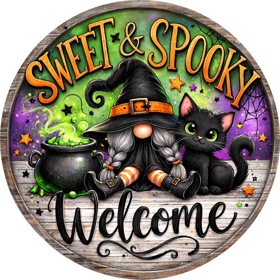 Sweet Spooky Welcome Sign: Halloween Gnome Black Cat Witch Decor