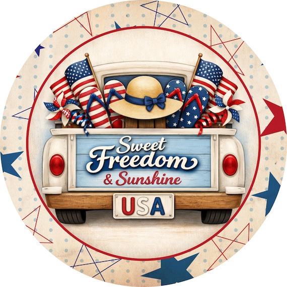 Sweet Freedom & Sunshine Sign: Patriotic Truck Door Hanger, 4th of July Wreath Sign