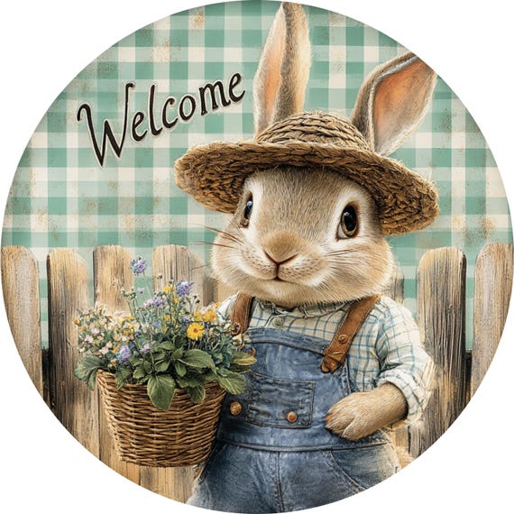 Farm Bunny Welcome Sign: Rustic Rabbit Door Hanger, Country Spring Wreath Sign