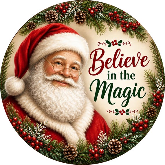 Believe in the Magic Santa Sign, Santa Wreath Sign, Christmas Wreath Sign, Christmas Door Hanger
