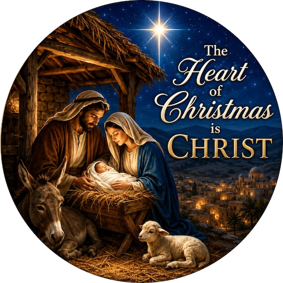 Heart of Christmas Is Christ Sign, Christian Wreath Sign, Nativity Door Hanger, Religious Decor