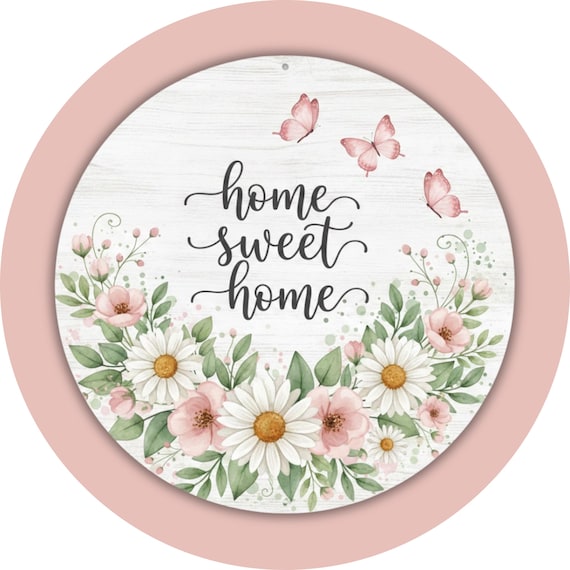Home Sweet Home Wreath Sign: Pink Butterfly Floral, Spring Farmhouse Door Decor