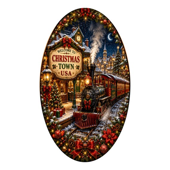 Christmas Town Wreath Sign, Christmas Village, Train Sign, Oval Wreath Attachment