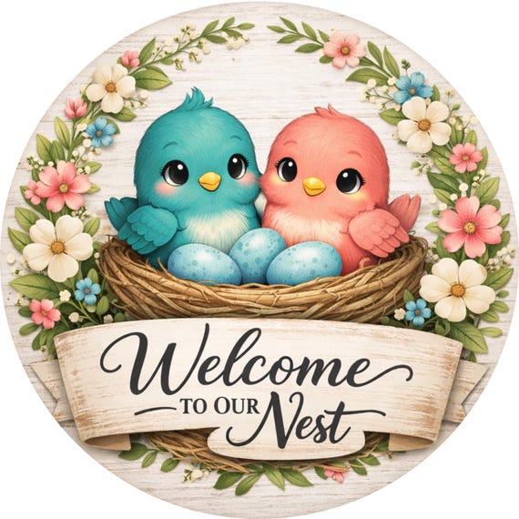 Welcome To Our Nest Sign: Farmhouse Bird Door Hanger, Floral Spring Decor