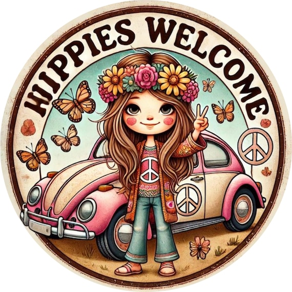 Hippies Welcome Wreath Sign: Peace Girl Door Hanger, Retro VW Bug, Boho Floral Accent