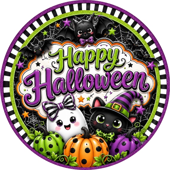 Happy Halloween Wreath Sign: Ghost Decor, Wreath Attachment, Cute Halloween Sign, Black Cat Decor
