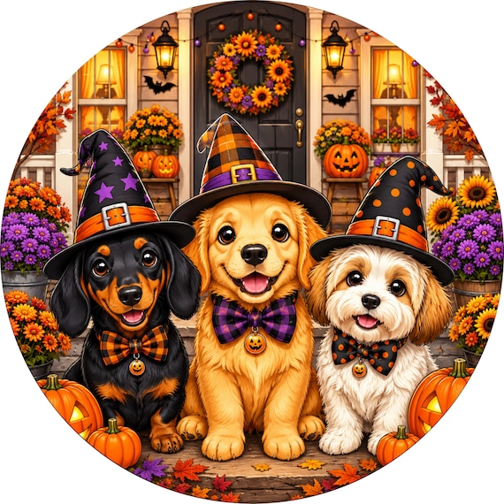 Halloween Puppy Wreath Sign: Cute Witch Dog Fall Porch Decor