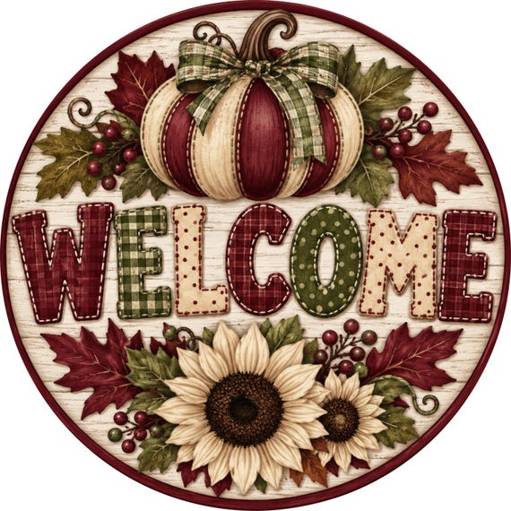 Welcome Fall Wreath Sign, Burgundy Pumpkin, Patchwork Decor, Harvest Sign