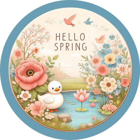 Hello Spring Duck Sign: Floral Pond Door Hanger, Whimsical Wreath Sign