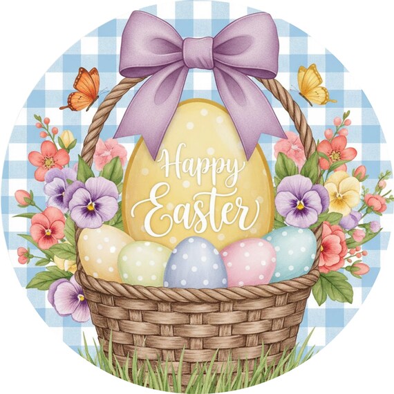 Happy Easter Wreath Sign: Pastel Egg Basket Door Hanger, Spring Floral Farmhouse Holiday Decor