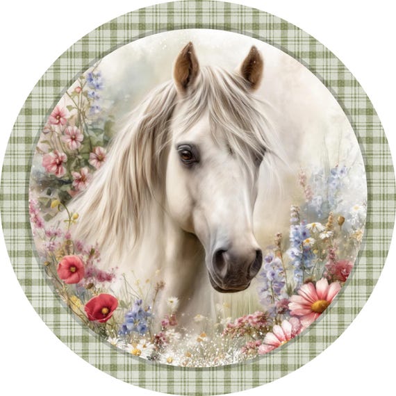White Horse Wreath Sign: Floral Farmhouse Decor, Rustic Equine Door Hanger