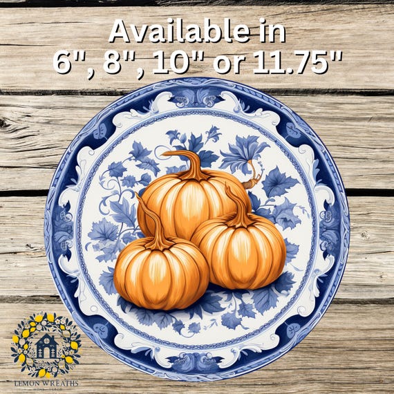 Vintage Blue Floral Pumpkin Metal Sign: Fall Wreath Decor