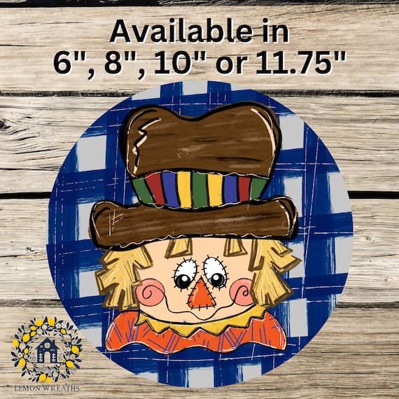 Scarecrow Welcome Wreath Sign: Fall Scarecrow with Blue Buffalo Plaid, Autumn Farmhouse Door Decor