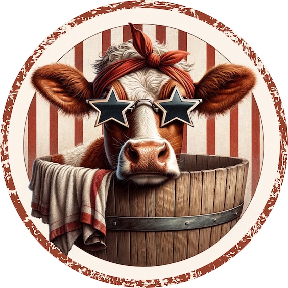 Patriotic Cow Sign: Rustic Farmhouse Decor, Americana Barnyard Door Hanger