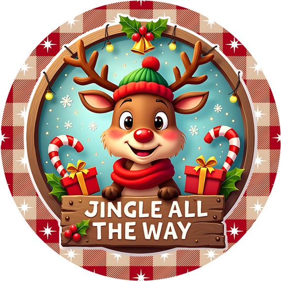 Jingle All The Way Reindeer Sign, Christmas Wreath Sign, Whimsical Door Decor, Buffalo Plaid Sign