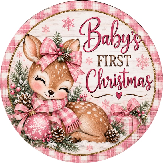 Baby's First Christmas Wreath Sign, Baby Girl Sign, Round Metal Sign, Holiday decor, Christmas Decor, Sublimation Sign