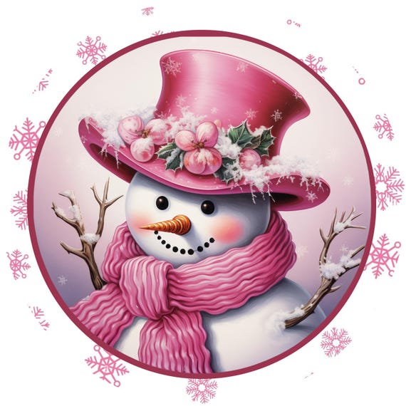 Pink Snowman Winter Sign: Christmas Wreath Sign, Whimsical Holiday Door Hanger