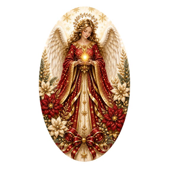 Christmas Angel Wreath Sign, Red Gold Angel Decor, Elegant Christmas Sign, Wreath Attachment