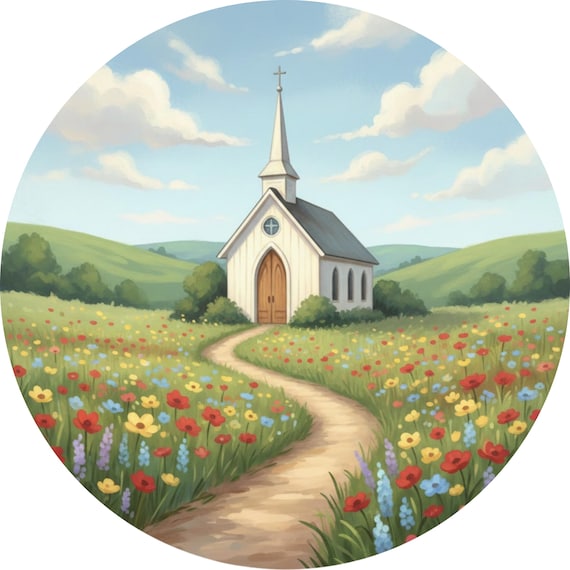 Country Church Wreath Sign: Faith Meadow Chapel, Christian Farmhouse Home Decor