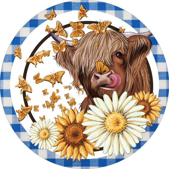 Highland Cow Butterfly Wreath Sign Blue Gingham Floral Farmhouse Door Decor