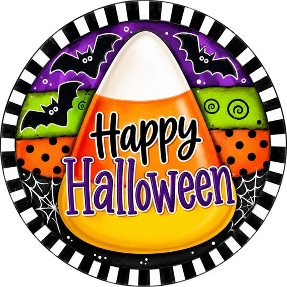 Happy Halloween Candy Corn Sign: Halloween Wreath Sign, Round Door Hanger, Candy Corn Decor