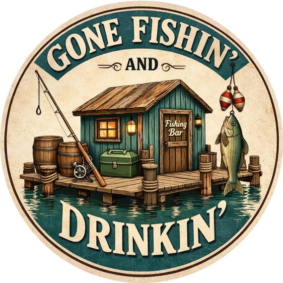 Gone Fishin' Drinkin' Sign: Rustic Lake House Door Hanger, Fisherman Decor